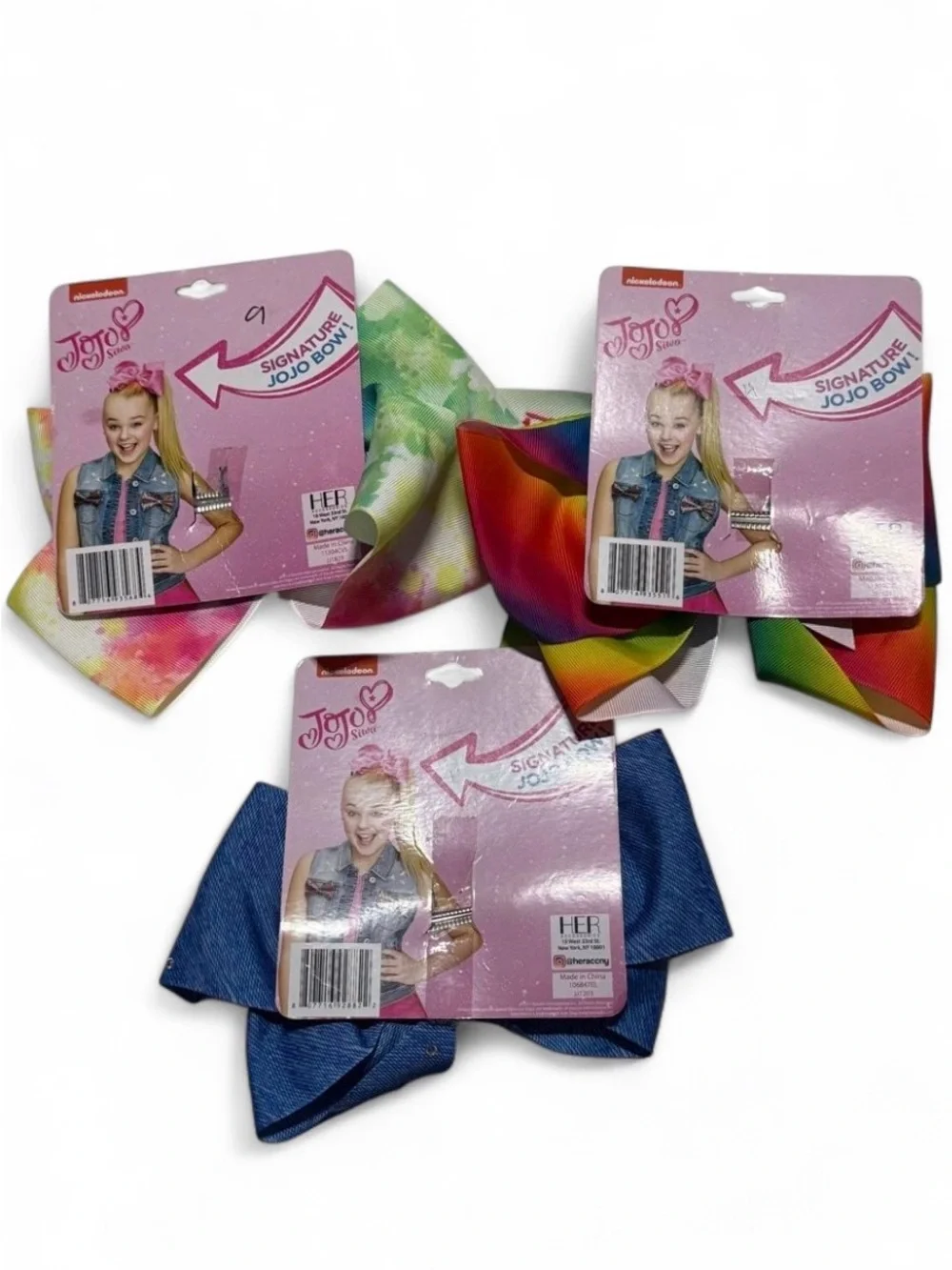 NWT JoJo Siwa Girls CuteHair Bow Rainbow Tie Dye Denim Pearl Nickelodeon 3 LOT